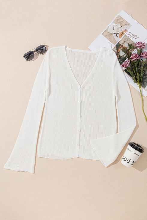 Ribbed Knit Bell Sleeve V-Neck Button Front Cardigan Sweater